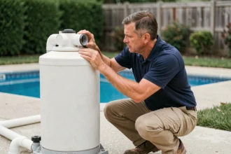 Technicien de piscine inspectant un filtre à sable avec vanne multivoies dans un jardin résidentiel