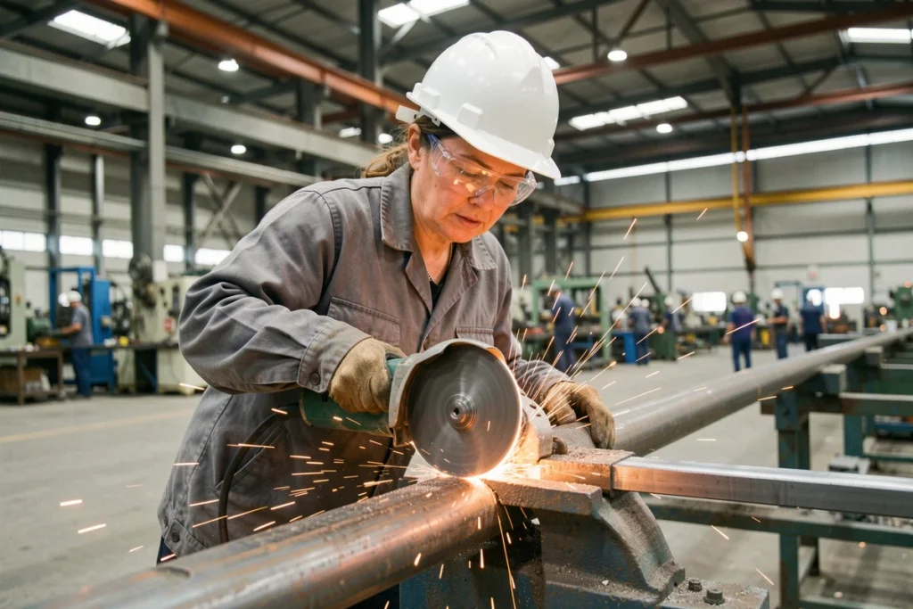 Technicienne utilisant une meuleuse avec disque à tronçonner pour couper un tube en acier en usine