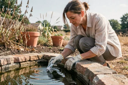Femme testant la qualité de l'eau d'un bassin de jardin en période de fortes chaleurs estivales avec un pH-mètre numérique