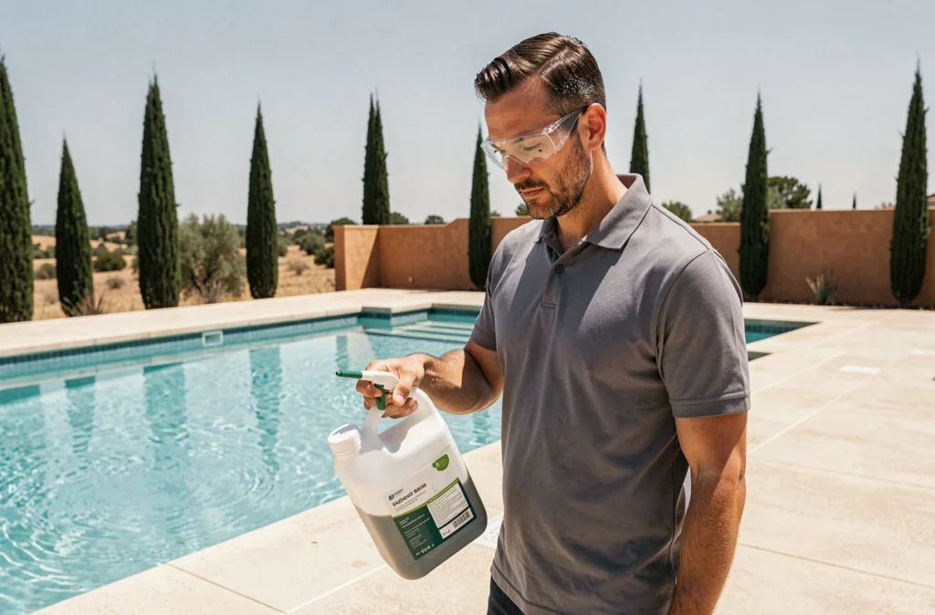 Homme traitant l'eau d'une piscine résidentielle avec un produit chimique de traitement par temps de grande chaleur