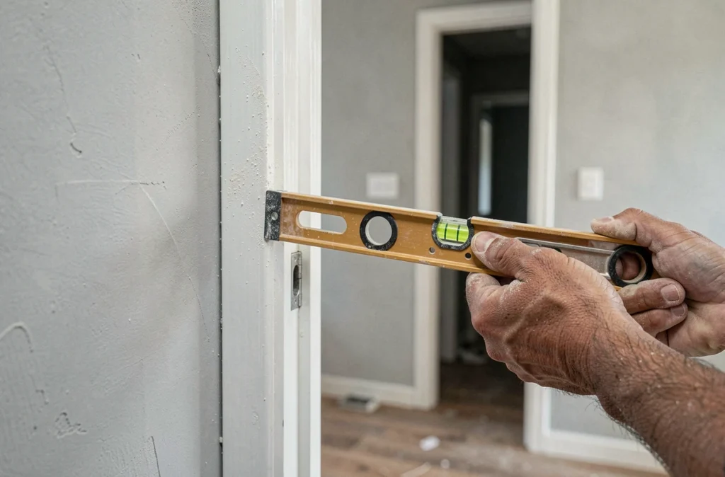 Gros plan sur des mains vérifiant l'aplomb d'un bâti de porte avec un niveau à bulle