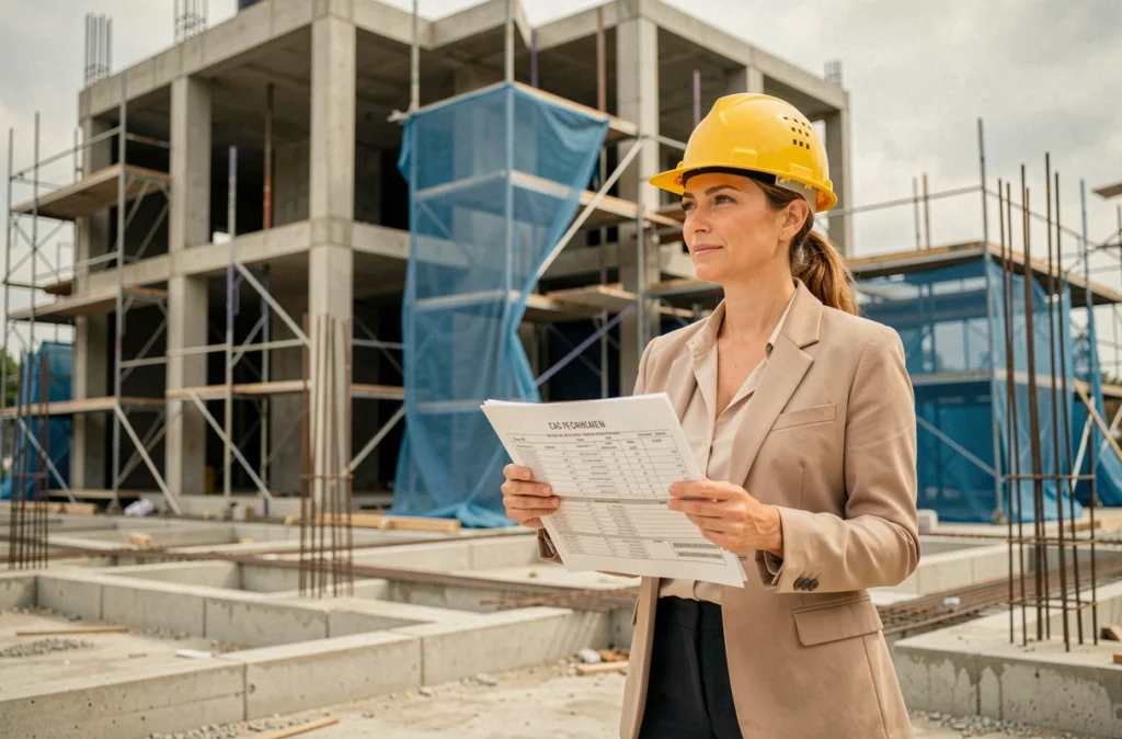 Acheteuse visitant un chantier de construction VEFA avec un casque de sécurité et un planning des travaux