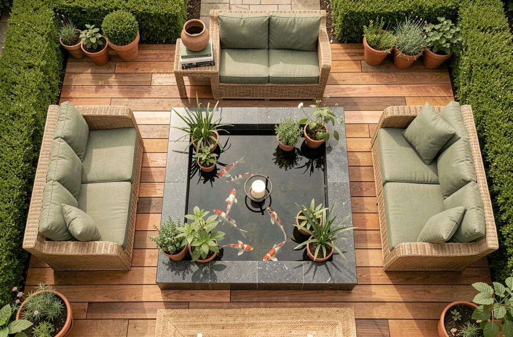 Vue aérienne d'un bassin décoratif intégré dans une terrasse en bois avec coin salon en rotin et plantes ornementales