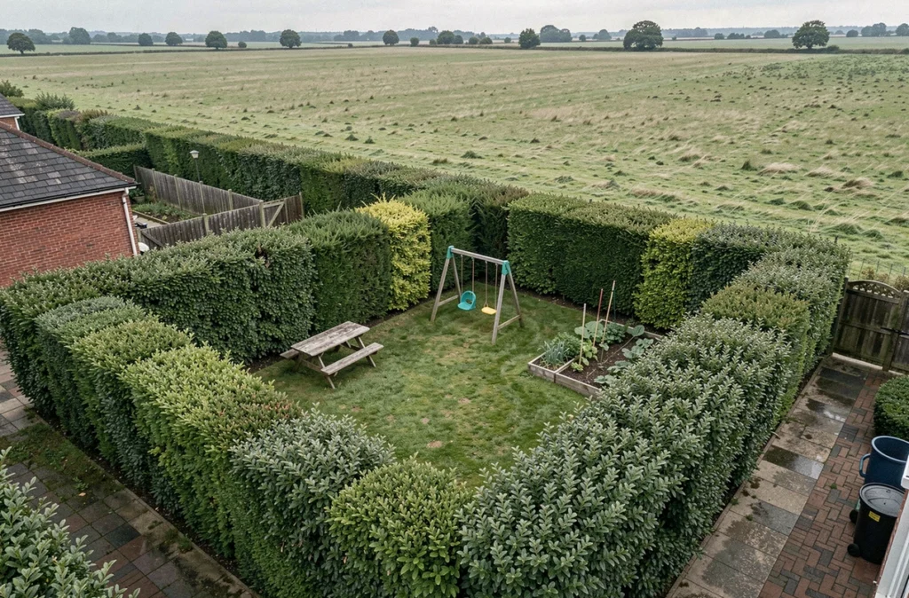 Vue aérienne d'un jardin résidentiel entouré d'une haie mixte laurier if hêtre protégeant du vent et préservant l'intimité