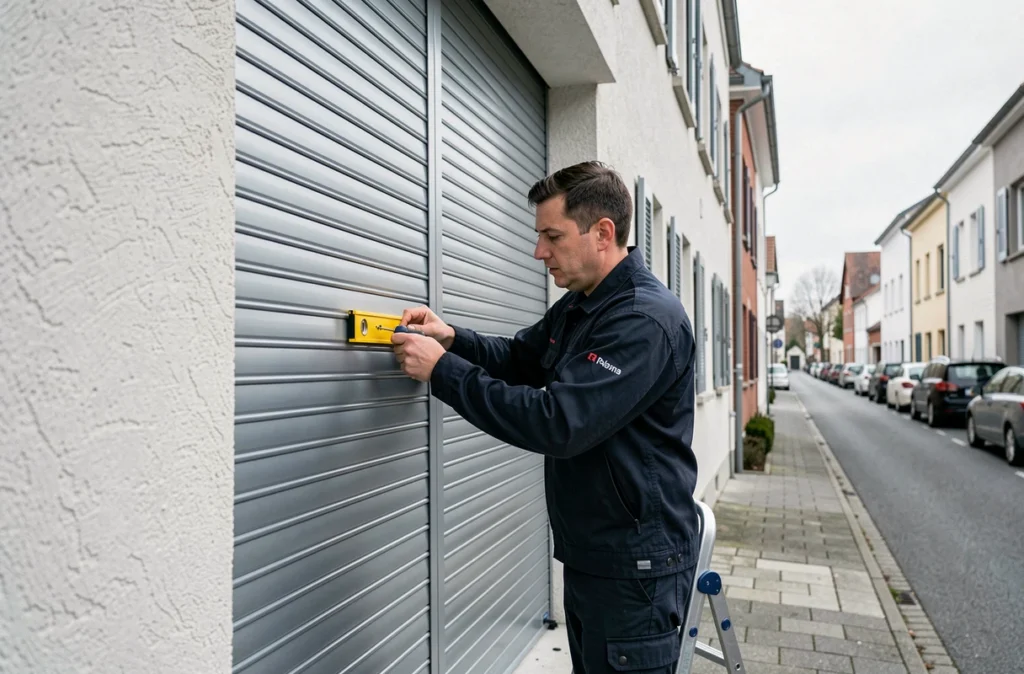 Installateur d'A Double Tour posant un volet roulant en aluminium sur la façade d'un immeuble résidentiel à Metz