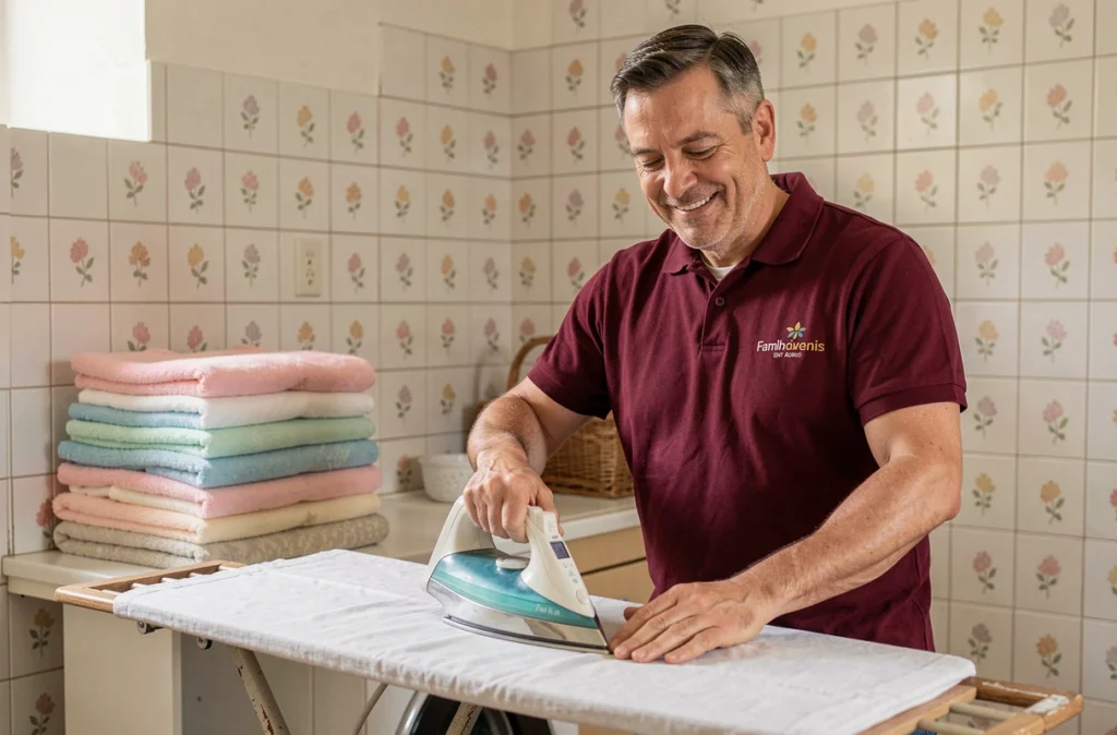 Technicien APEF en polo bordeaux repassant du linge dans une buanderie familiale cosy d'une maison de banlieue parisienne