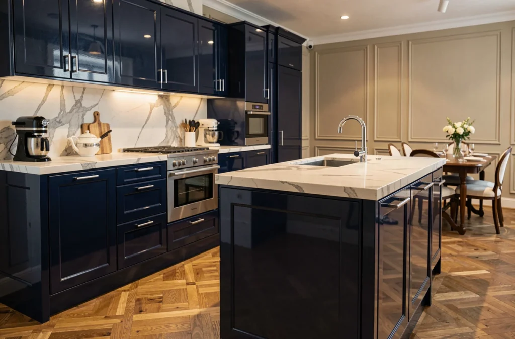 Cuisine Arthur Bonnet Comète Cuisine avec façades laquées bleu marine et plan de travail Calacatta dans un showroom haut de gamme
