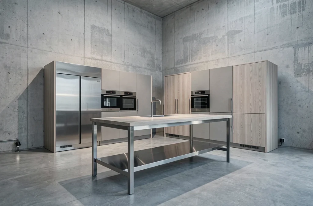 Cuisine Bulthaup exposée au showroom Raspail à Paris avec caissons en inox satiné et table d'atelier centrale
