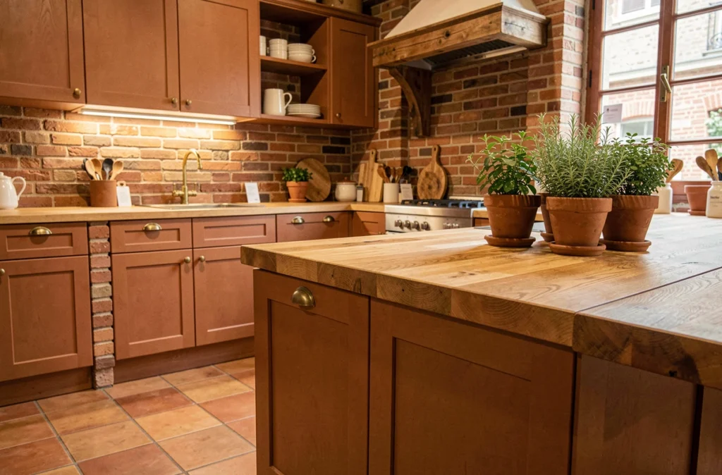Cuisine Casa et Cucine d'inspiration italienne avec façades terracotta, comptoir en chêne massif et quincaillerie laiton vieilli