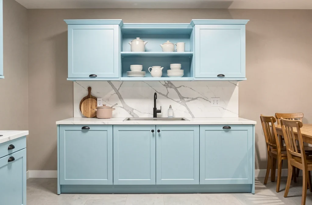 Cuisine Cuisinella avec façades laquées bleu pastel et plan de travail effet marbre blanc dans un showroom
