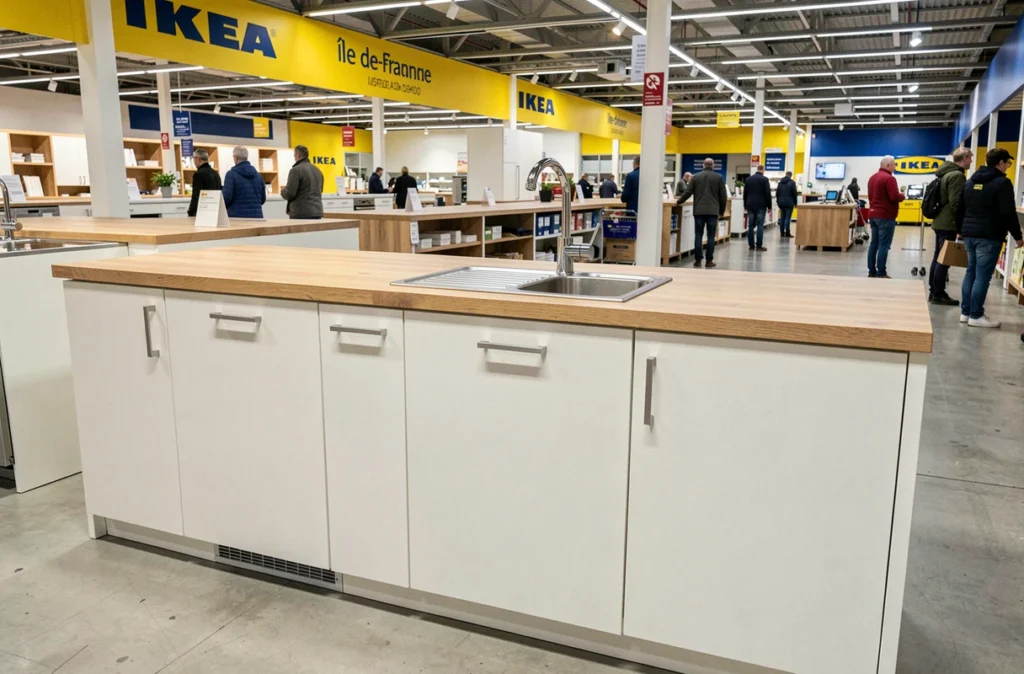 Cuisine IKEA exposée en magasin avec façades blanches, plan de travail effet chêne et évier en inox