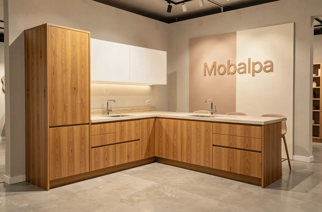 Cuisine Mobalpa avec façades en bois naturel et plan de travail effet pierre dans un showroom moderne