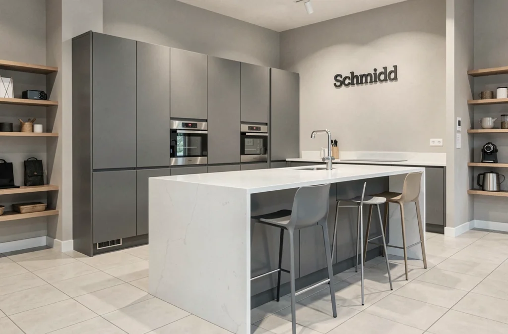 Cuisine Schmidt exposée dans un showroom parisien avec des façades grises matte et un îlot en quartz blanc