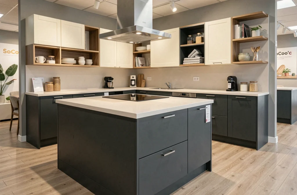 Cuisine SoCoo'c bicolore anthracite et crème avec péninsule intégrée exposée dans un showroom français
