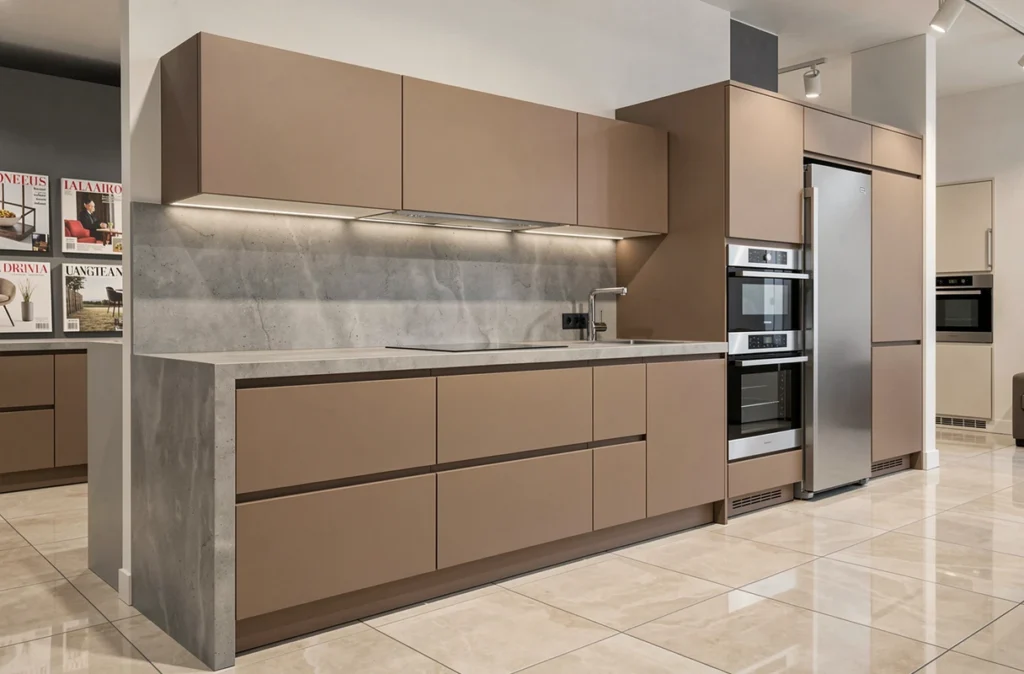 Cuisine Veneta Cucine avec façades laquées taupe ultra-plates et plan de travail béton dans un showroom parisien