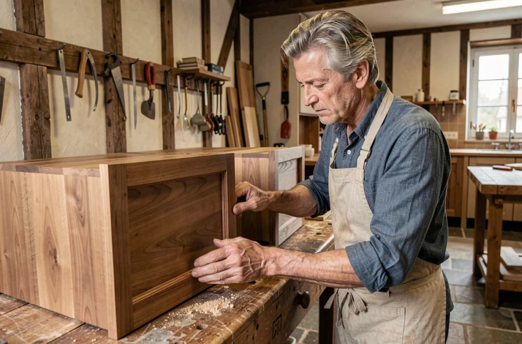 Artisan cuisiniste Jean-Claude d'Armant dans son atelier parisien inspectant un panneau en noyer massif pour une cuisine sur mesure