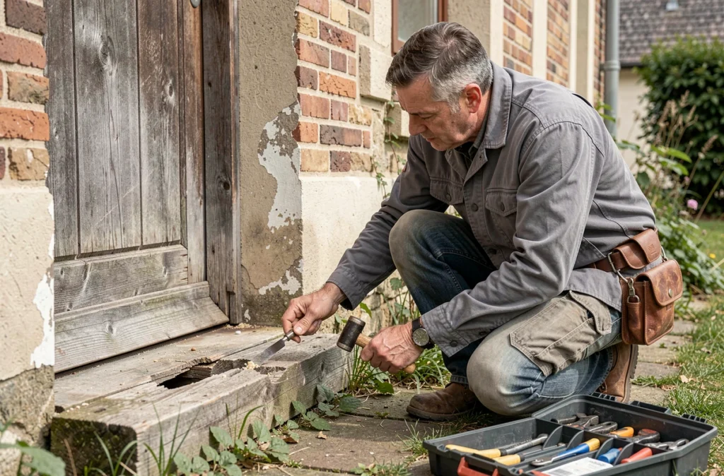 Technicien de DSD réparant un seuil de porte en bois endommagé sur une maison en Moselle avec ciseau et maillet