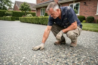 Entrepreneur inspectant une surface en béton désactivé avec graviers apparents sur une allée résidentielle
