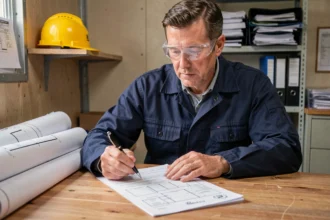 Artisan entrepreneur examinant un devis de rénovation détaillé dans un bureau de chantier