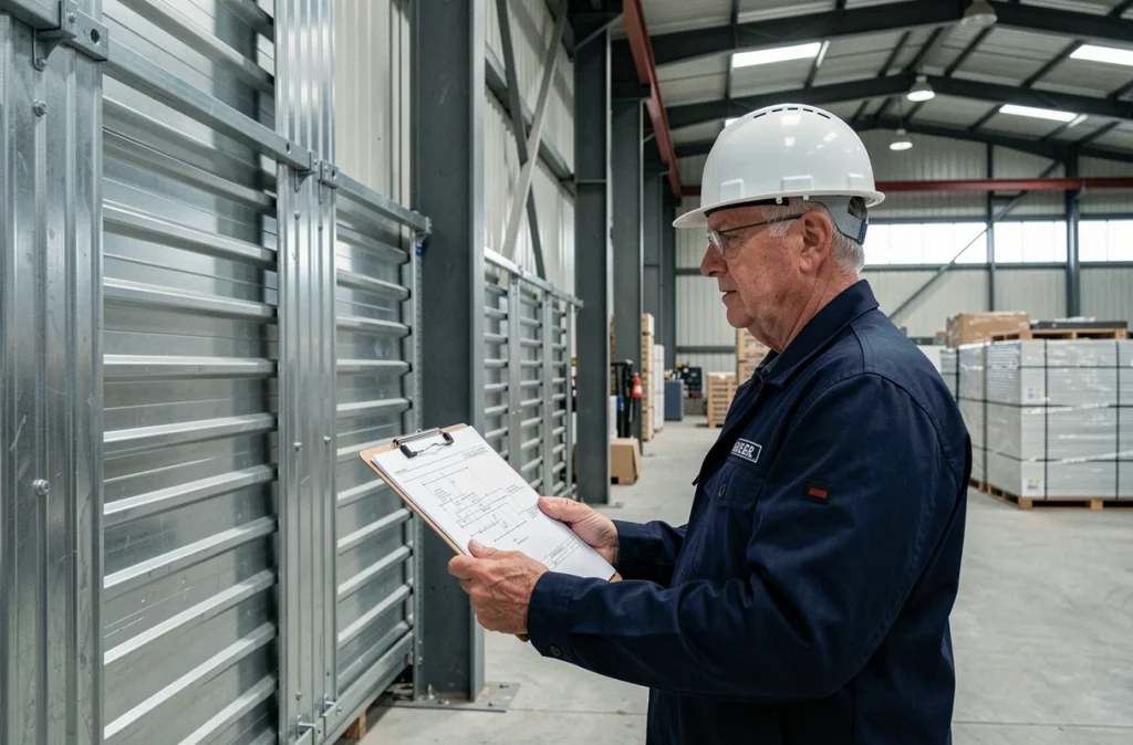 Ingénieur du Groupe Saturne Technology inspectant l'isolation thermique d'un entrepôt industriel