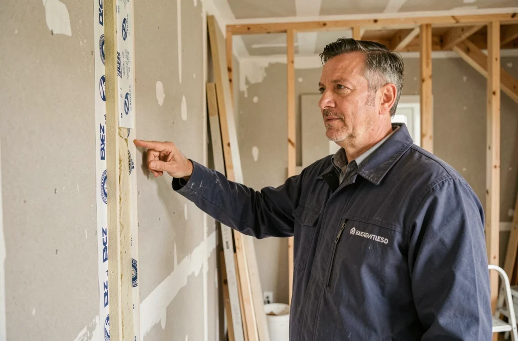 Consultant d'Habitat Concept Énergie présentant une isolation intérieure lors d'une rénovation de maison