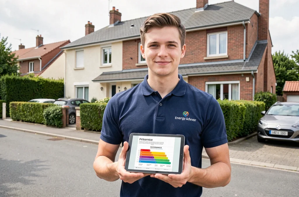 Conseiller Hellio présentant un certificat de performance énergétique devant une maison individuelle