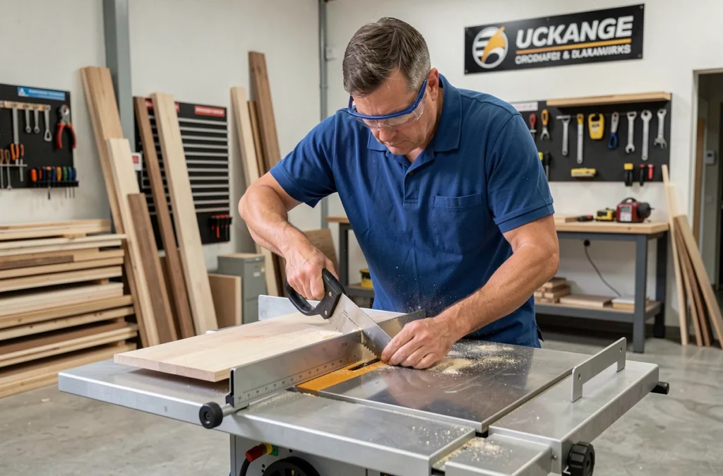 Menuisier d'Ideal Concept à Uckange découpant un panneau de bois personnalisé avec une scie de table