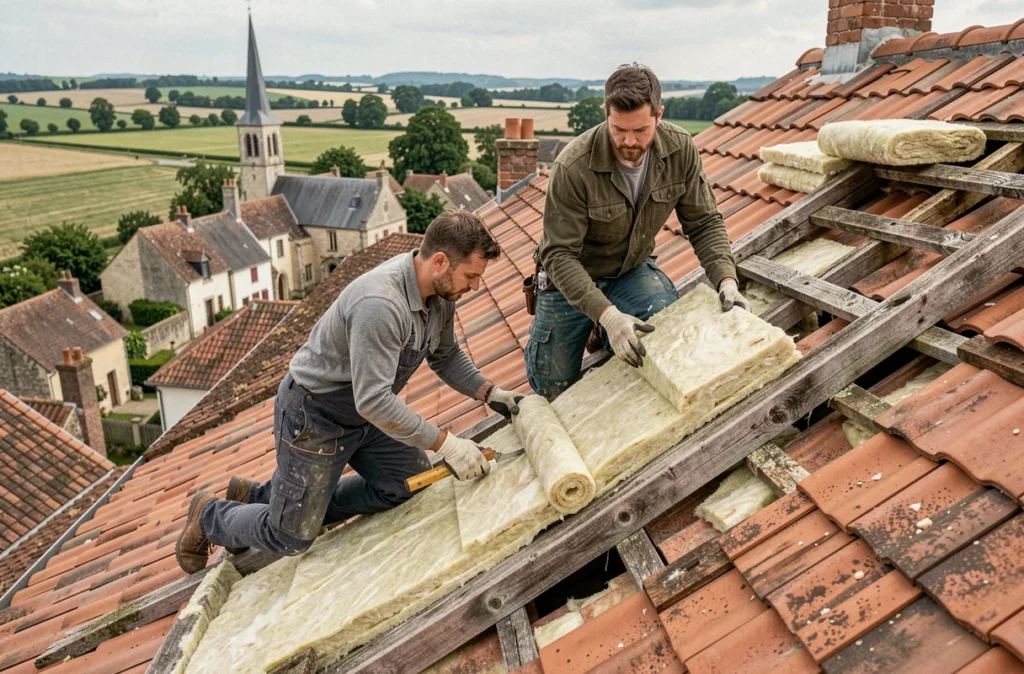 Équipe d'Isoltoit posant des rouleaux d'isolant sous les tuiles d'un toit en pente