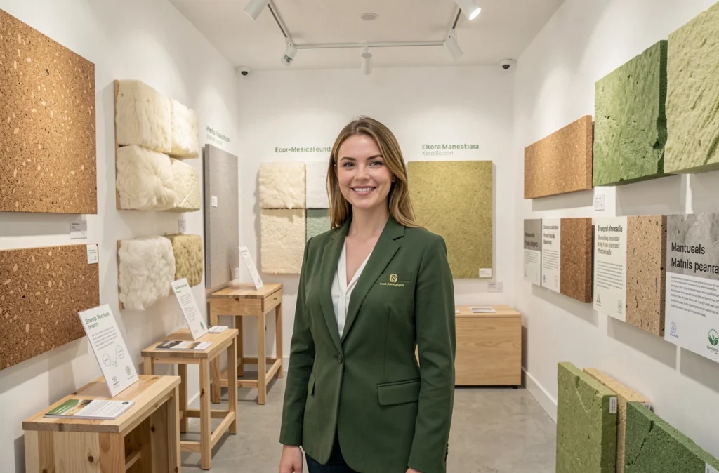 Vendeuse Kbane présentant des matériaux d'isolation écologiques dans un showroom de matériaux naturels