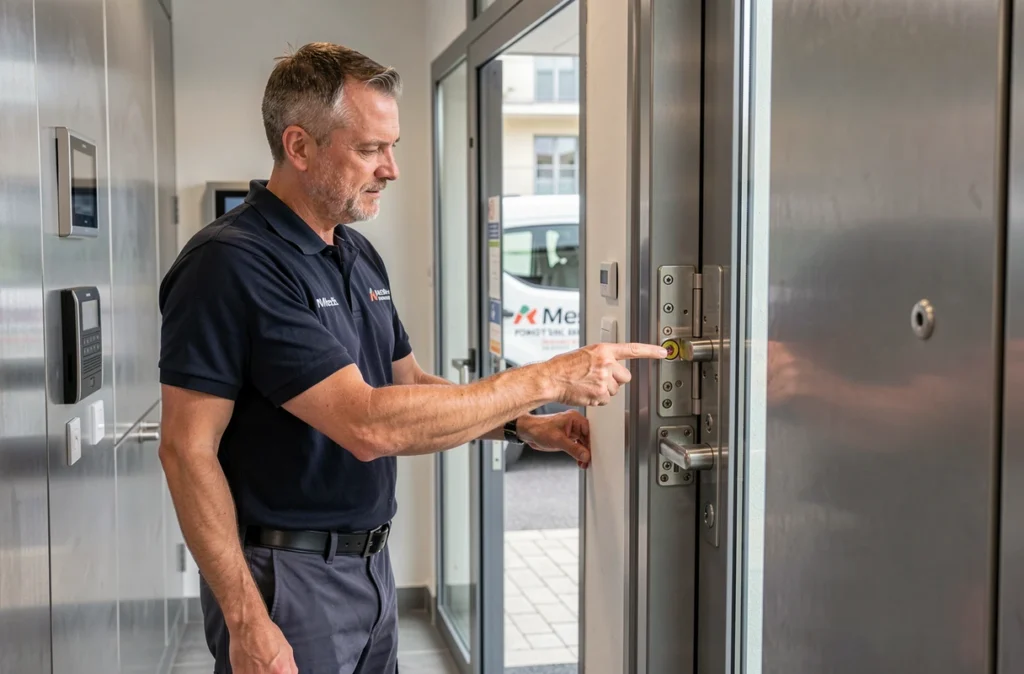 Spécialiste de Konvex Securite Picard Serrures présentant le mécanisme de verrouillage d'une porte blindée à un client dans un couloir d'immeuble