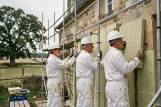 Équipe de professionnels de l'isolation travaillant sur la façade d'une maison en pierre en Centre-Val de Loire