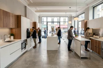 Showroom de cuisinistes en Île-de-France avec plusieurs espaces cuisine exposés dans un grand magasin moderne