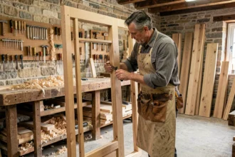 Menuisier professionnel dans un atelier de menuiserie en Moselle mesurant un cadre de porte en chêne massif