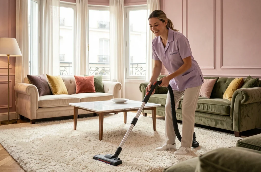 Professionnelle Ménagerie en chemise lavande passant l'aspirateur sur un tapis crème dans un salon parisien élégant avec fenêtre en baie
