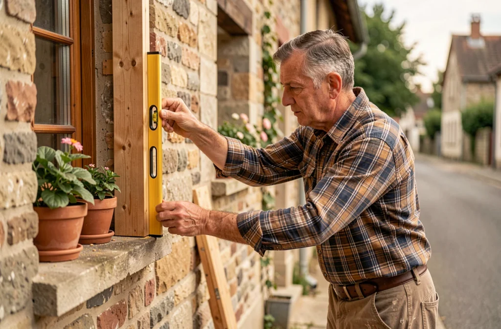Menuisier de Menuiserie Didier posant un châssis de fenêtre en bois sur une façade en pierre à Montigny-lès-Metz