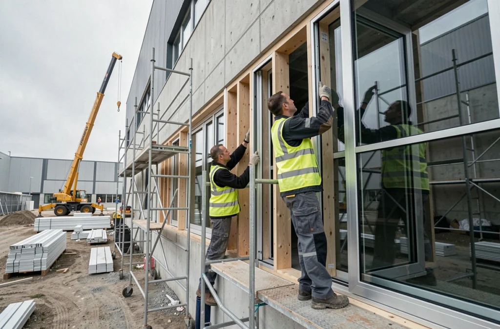 Équipe de Midam SN posant des menuiseries industrielles préfabriquées sur la façade d'un bâtiment industriel avec des équipements de chantier