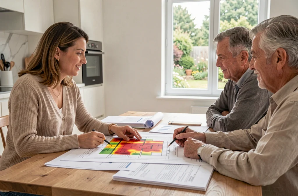 Conseillère de Mieux Rénover présentant un audit énergétique à des propriétaires