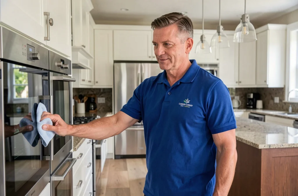 Opérateur Nova Clean en polo bleu royal essuyant les appareils en inox d'une grande cuisine moderne en banlieue parisienne avec plan de travail en granit