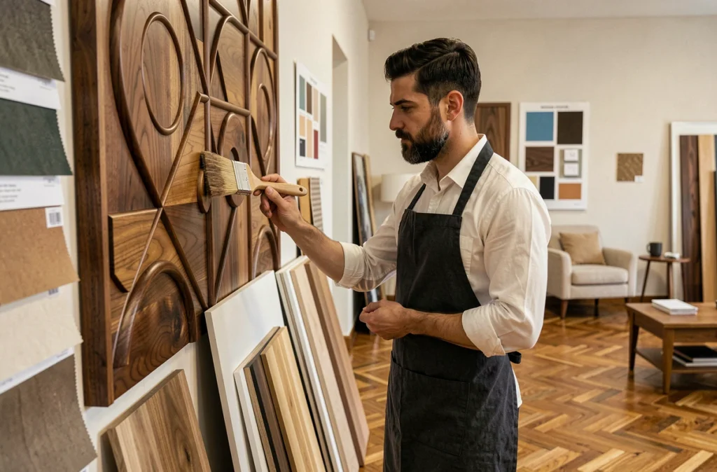 Menuisier décorateur d'Oli Deco et Amenagements appliquant une finition sur un panneau décoratif en bois dans un atelier de design