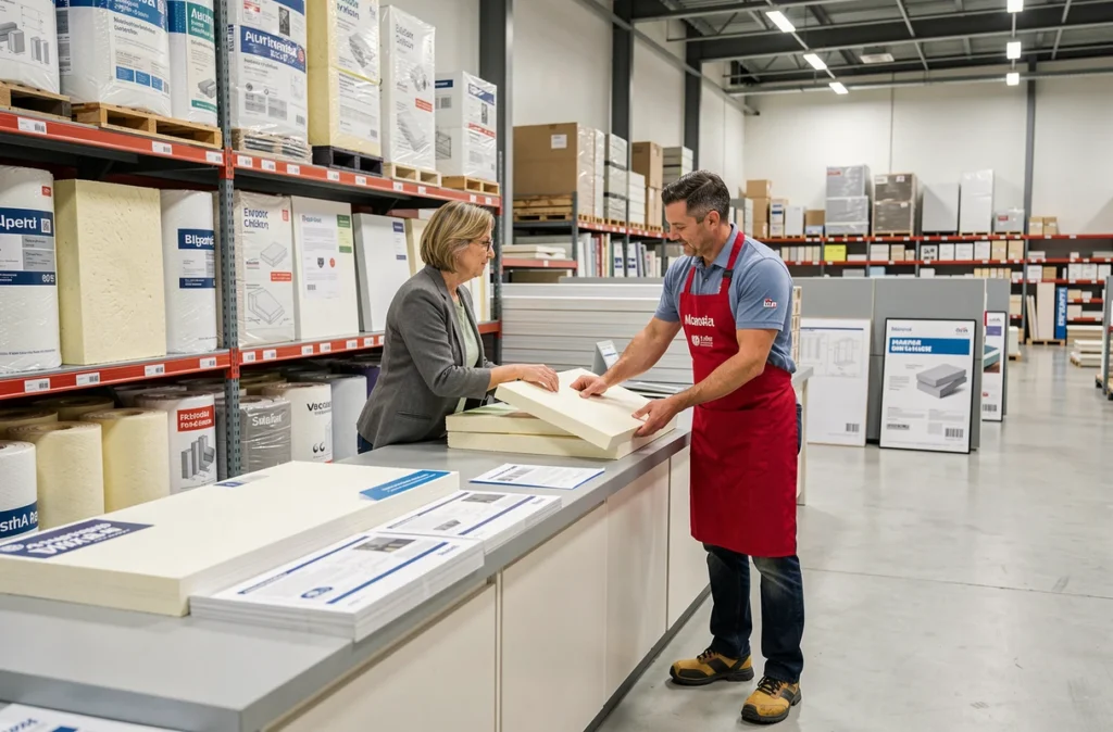 Vendeur Point.P conseillant une cliente sur des matériaux d'isolation dans une agence de négoce