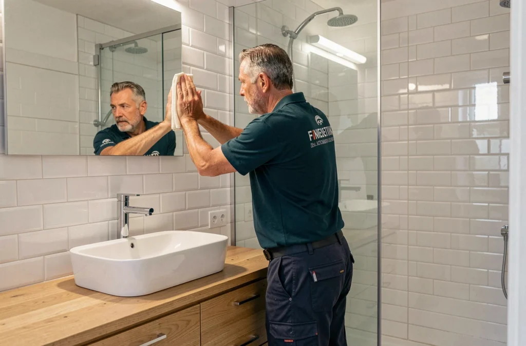Professionnel Propertis en polo bleu sarcelle nettoyant le grand miroir d'une salle de bain rénovée dans un appartement parisien