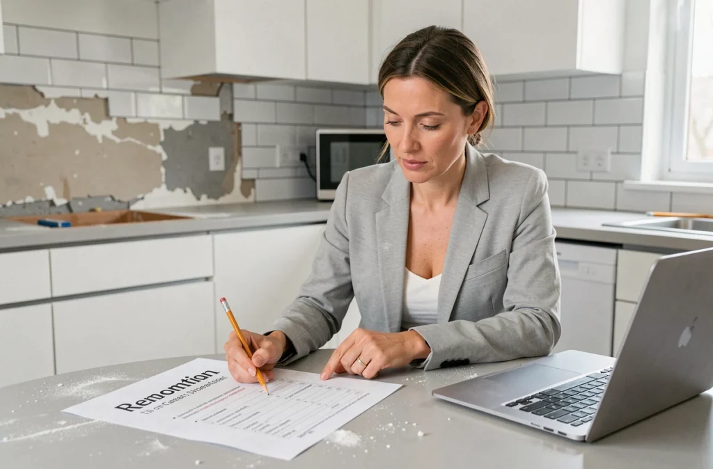 Femme propriétaire analysant un devis de travaux de rénovation cuisine à domicile