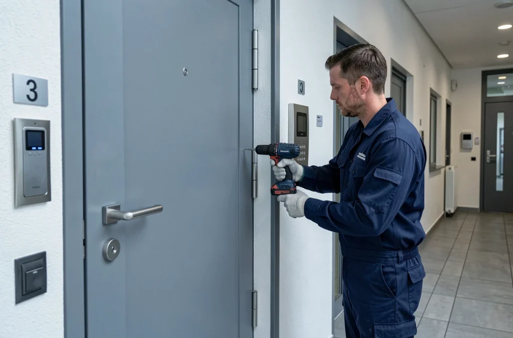 Installateur de Safe Home posant une porte d'entrée sécurisée dans un immeuble résidentiel à Metz