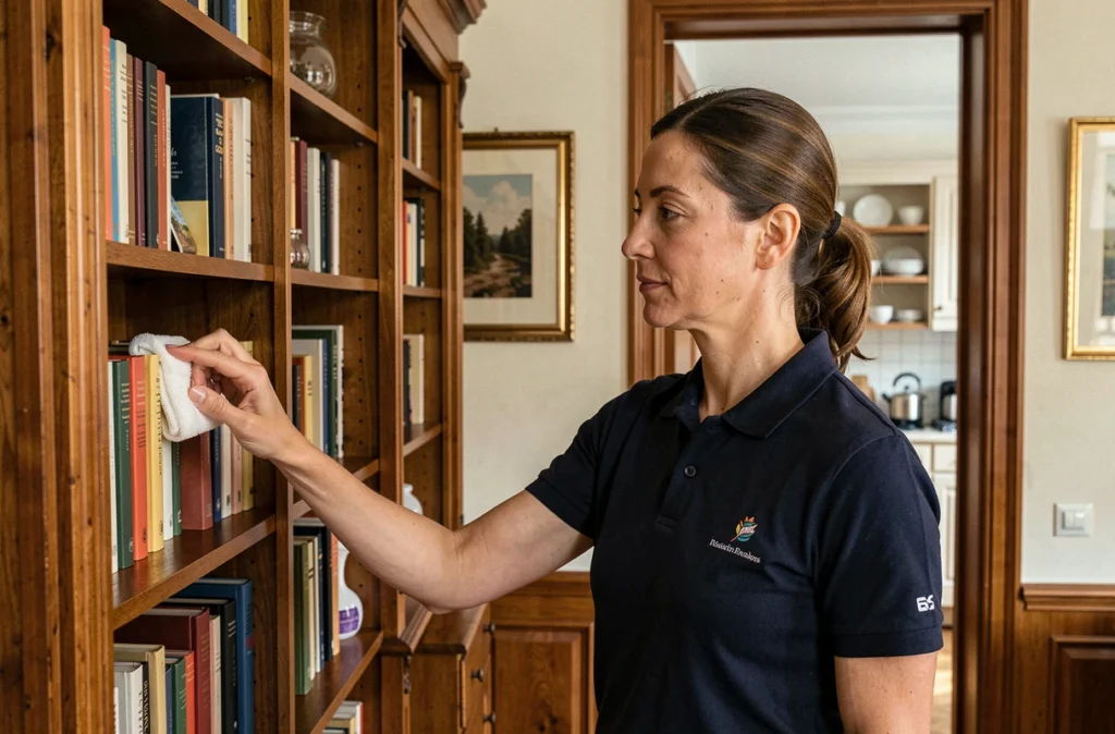Agente de ménage Shiva en polo marine brodé dépoussiérant une bibliothèque en bois dans un appartement parisien décoré avec goût