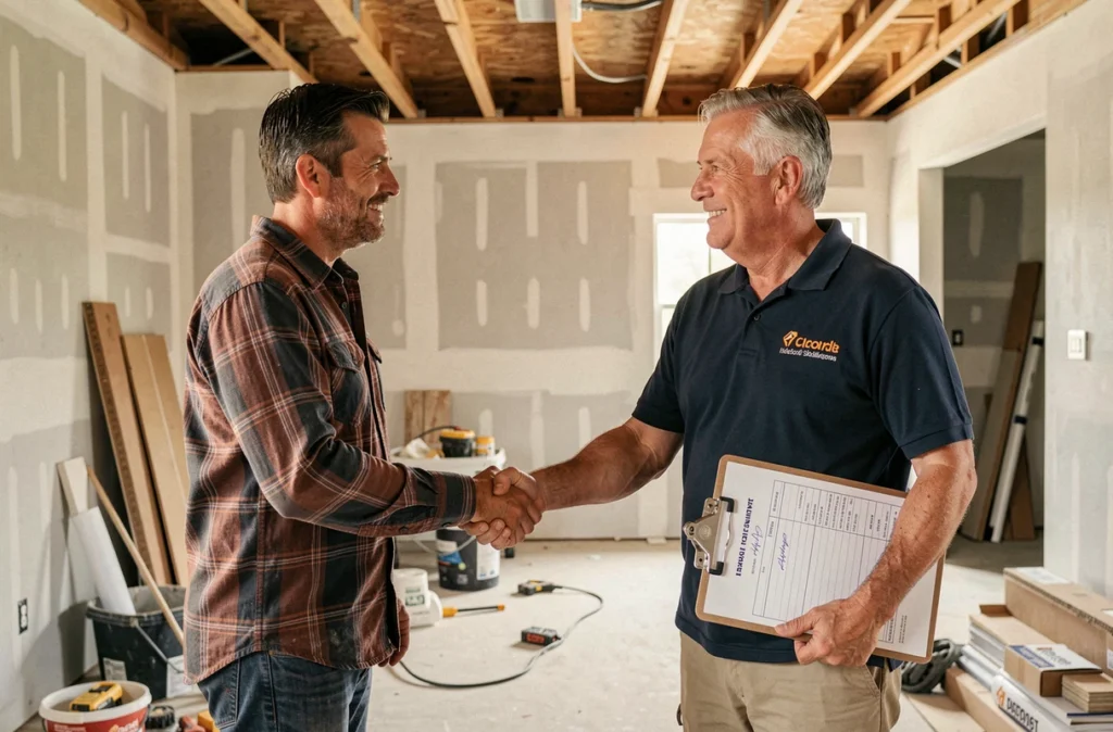 Client et entrepreneur signant un devis de rénovation sur un chantier en cours