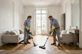 Deux professionnels du ménage en uniforme bleu nettoient un appartement haussmannien à Paris avec parquet en chevrons et hauts plafonds moulurés