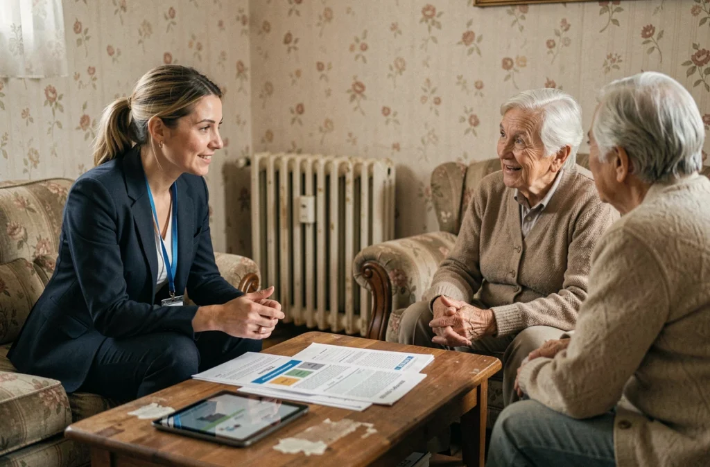 Conseillère de Soliha Centre-Val de Loire accompagnant un couple âgé pour un projet de rénovation de logement social