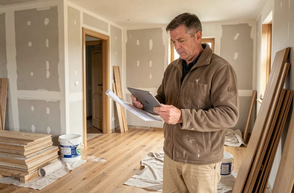 Artisan de Som Services et Habitat consultant des plans sur tablette lors d'une rénovation intérieure avec pose de parquet en Moselle