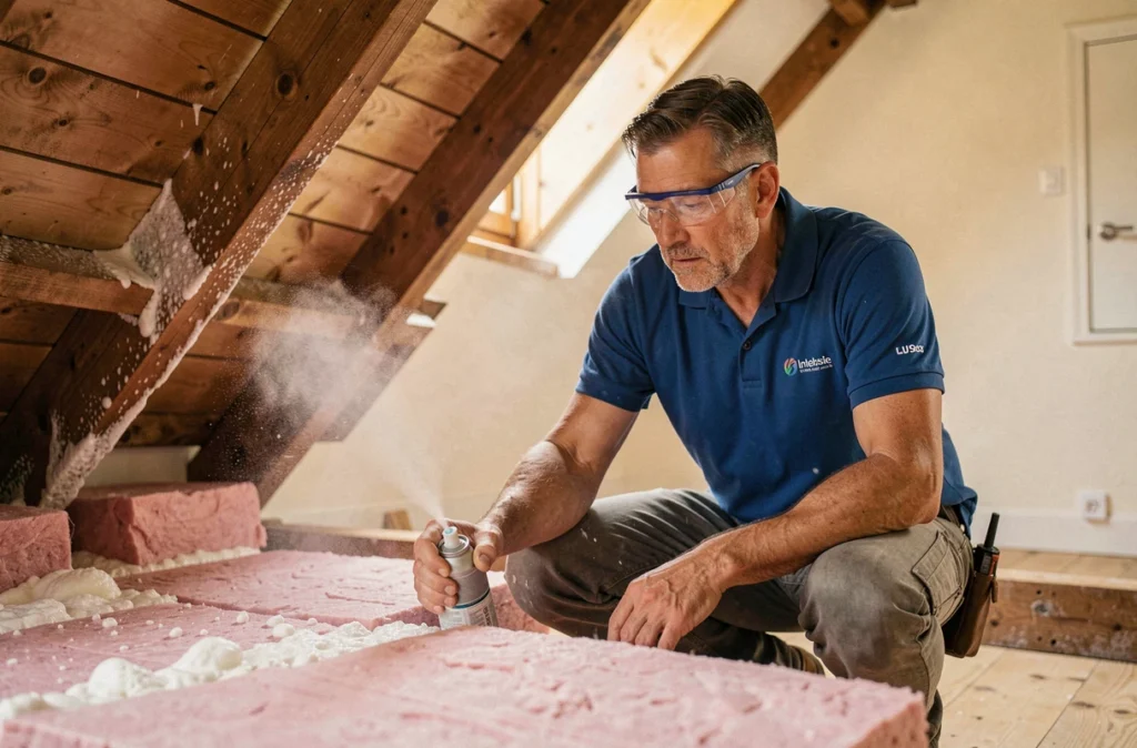 Technicien de Technitoit appliquant de la mousse isolante dans les combles d'une maison individuelle