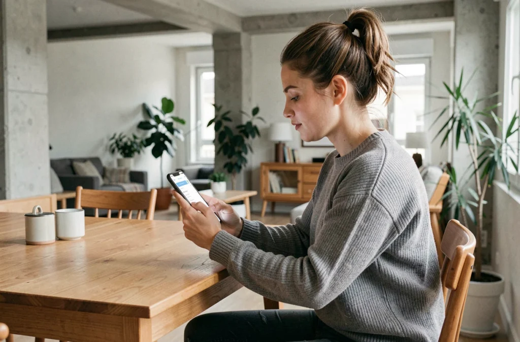 Jeune femme réservant un service de ménage Wecasa via application smartphone dans un appartement parisien au style scandinave